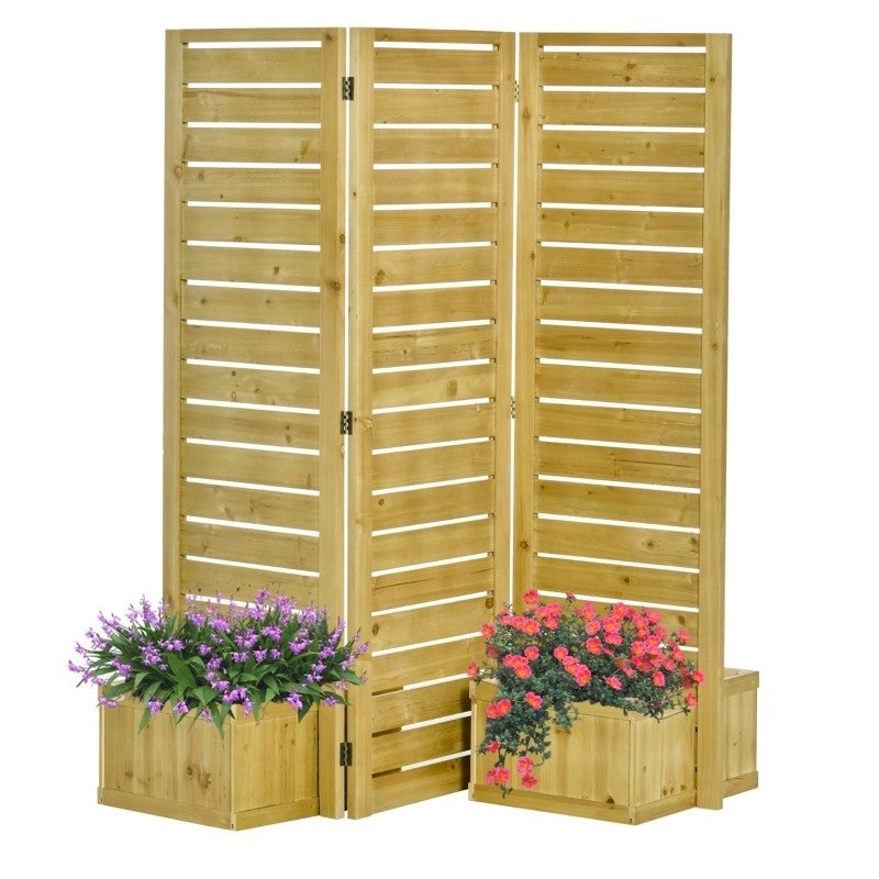 Fast Furnishings 3 Panel Fir Wood Outdoor Privacy Screen with 4 Garden Bed Planters