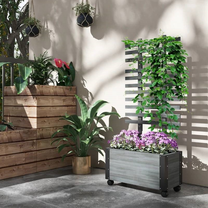 Fast Furnishings Modern Farmhouse Grey Wood Raised Garden Bed Planter on Wheels with Trellis