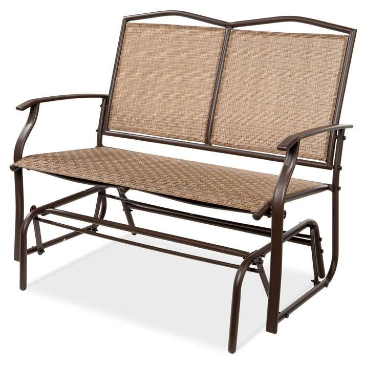 Fast Furnishings 2 Seater Mesh Patio Loveseat Swing Glider Rocker with Armrests in Brown