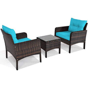 Fast Furnishings 3-Piece Brown PE Rattan Outdoor Patio Furniture Dining Set w/ Turquoise Cushions