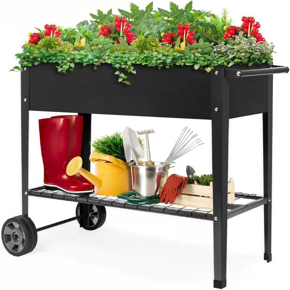 Fast Furnishings Black Metal Raised Garden Bed Planter Cart on Wheels 37-inch x 15-inch