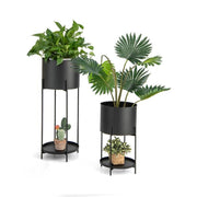 Fast Furnishings Set of 2 Black Metal Garden Planter Flower Pot Stand with Bottom Shelf