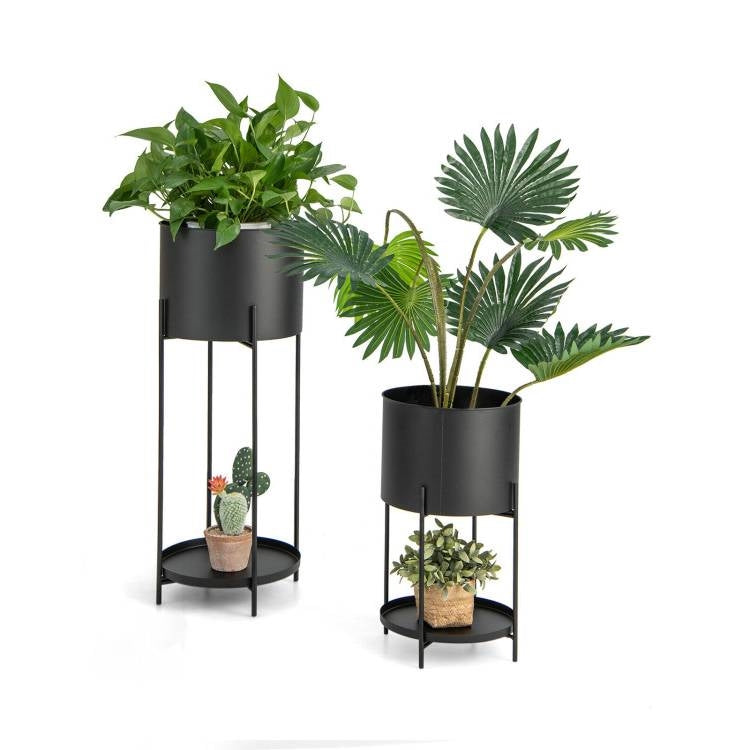 Fast Furnishings Set of 2 Black Metal Garden Planter Flower Pot Stand with Bottom Shelf