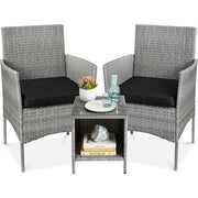 Fast Furnishings 3-Piece Grey PE Wicker Outdoor Patio Furniture Dining Set with Black Cushions