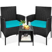 Fast Furnishings 3-Piece Black PE Wicker Outdoor Dining Patio Furniture Set w Teal Blue Cushions