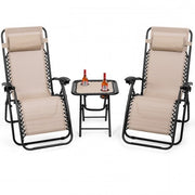 Fast Furnishings 3 Piece Folding Portable Reclining Lounge Chairs Table Set Tan