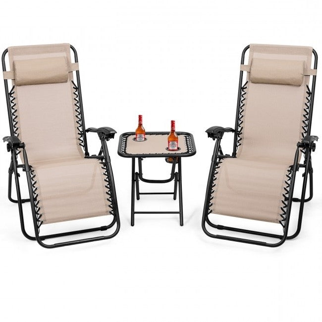 Fast Furnishings 3 Piece Folding Portable Reclining Lounge Chairs Table Set Tan