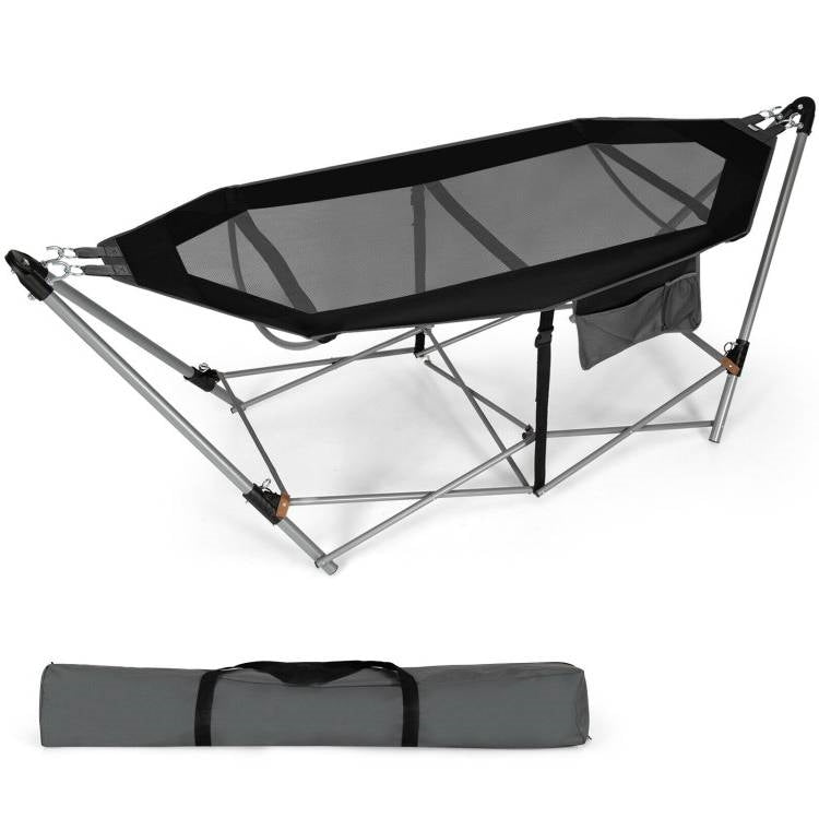 Fast Furnishings Black Portable Camping Foldable Hammock with Stand and Carry Case