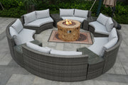 Direct Wicker Patio Half Moon Gray Wicker Seating Set with Round Grain Firepit
