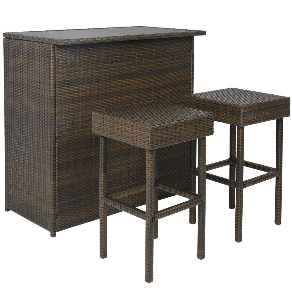 Fast Furnishings Outdoor 3-Piece PE Wicker Bar Set with Table and Stools