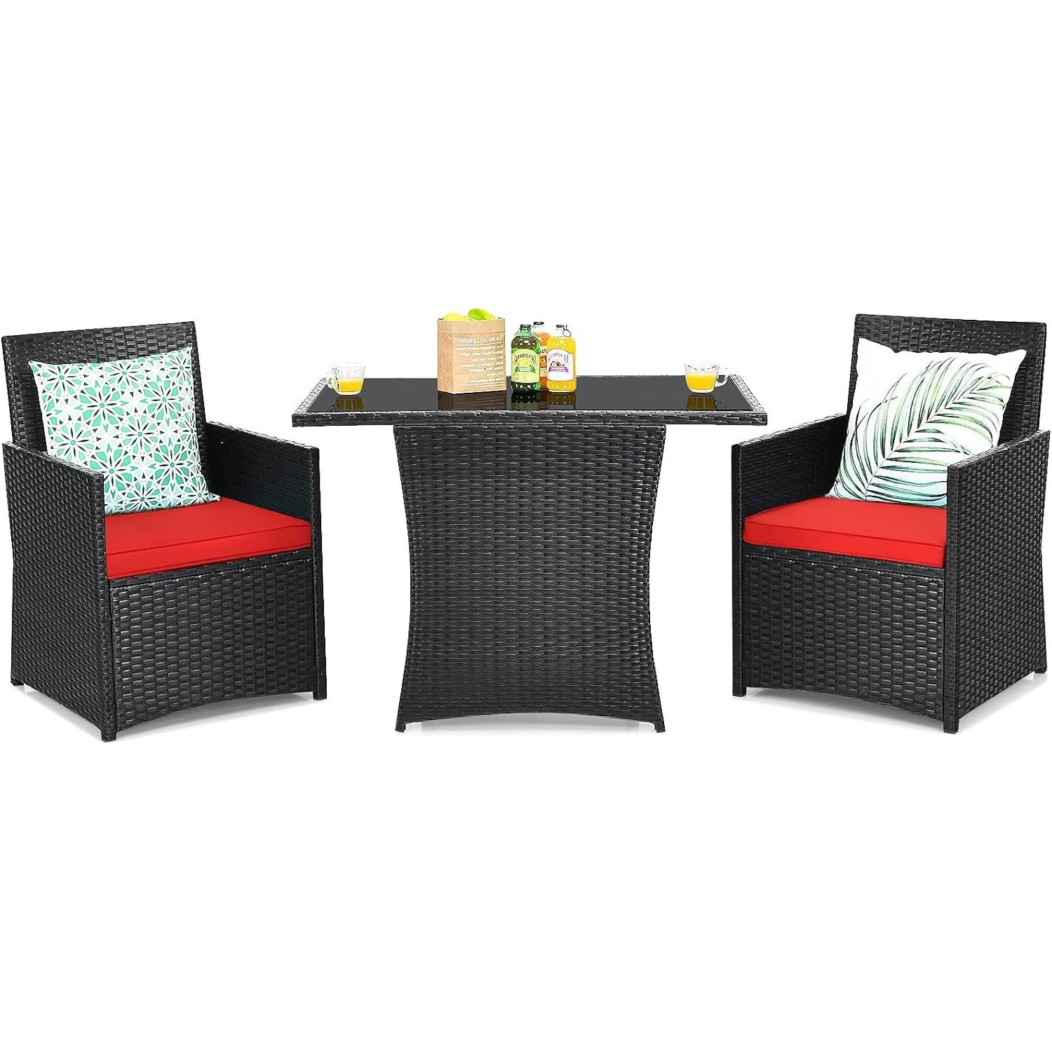 Fast Furnishings 3-Piece Patio Furniture Outdoor Dining Set in Brown PE Rattan with Red Cushions