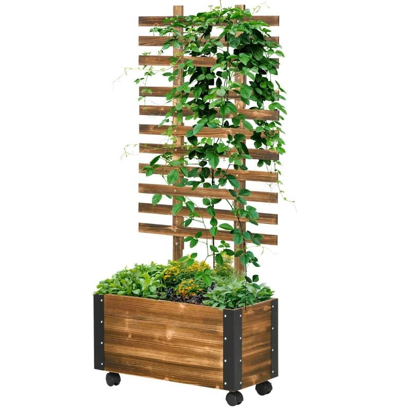 Fast Furnishings Farmhouse Rustic Wooden Raised Garden Bed Planter with Trellis on Wheels