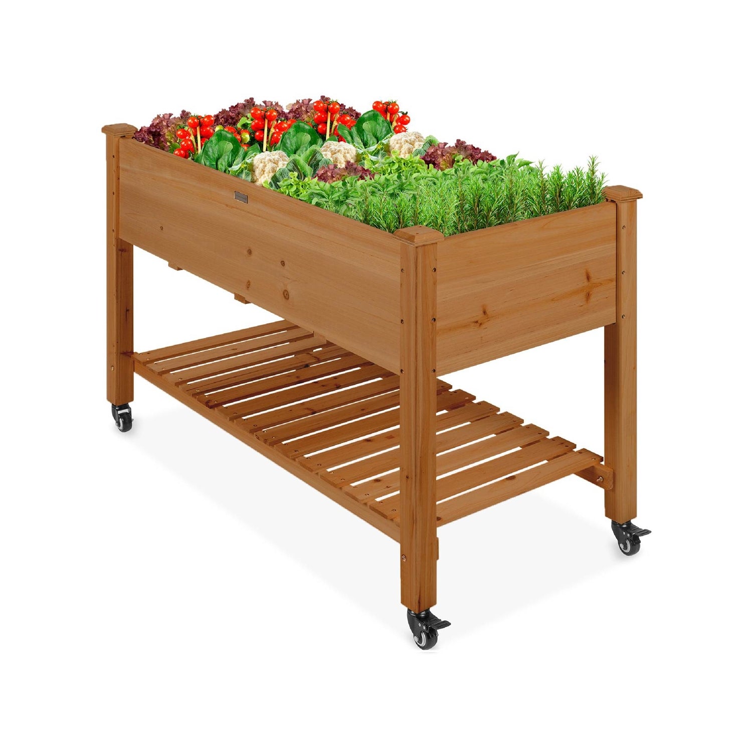 Fast Furnishings Outdoor Brown Wood Raised Garden Bed Planter Box with Shelf and Locking Wheels