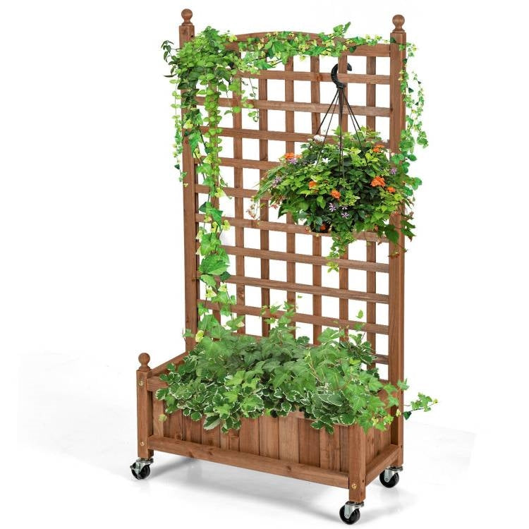 Fast Furnishings Outdoor Solid Wood Raised Garden Bed Mobile Planter Box with Trellis on Wheels