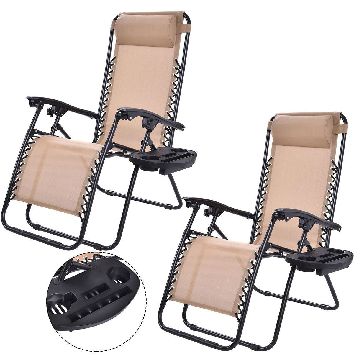 Fast Furnishings Set of 2 Beige Folding Outdoor Zero Gravity Lounge Chair Recliner