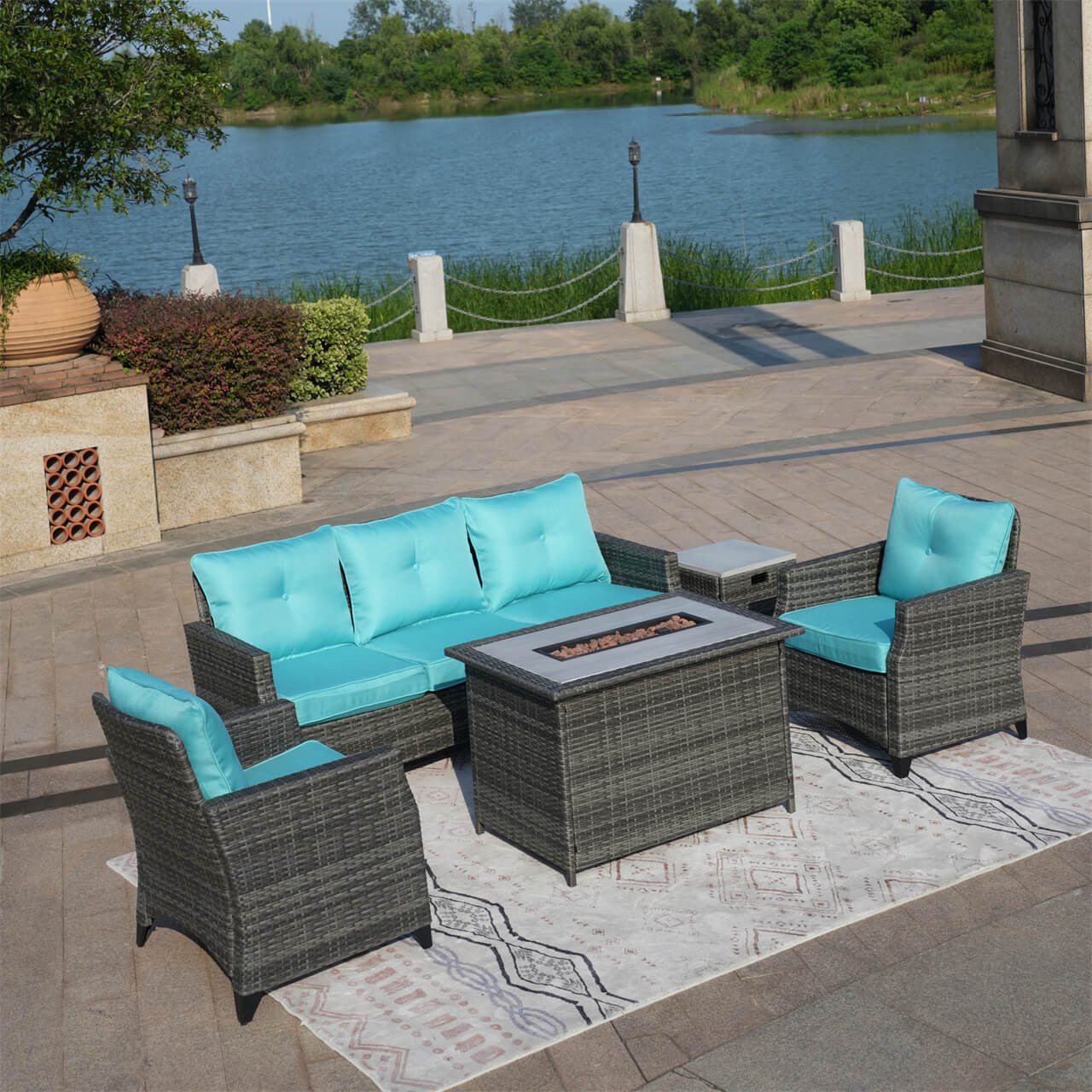 Direct Wicker 5-Piece Outdoor Patio Fire Pit Set Fire Pit Table with Seating Sofas in Gray