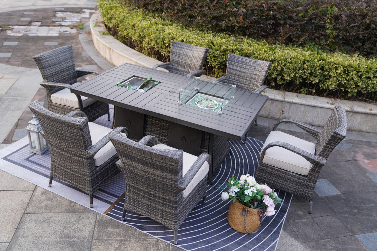 Direct Wicker 6-Seat Patio Gray Firepit and Ice Bucket Dining Table Set with Standard Height Chairs