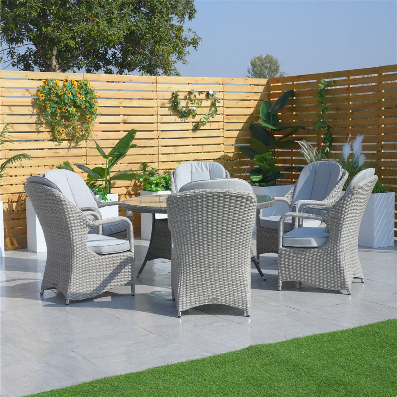 Direct Wicker Patio Wicker Dining Set with Round Table and Semi-circular Rattan Chairs