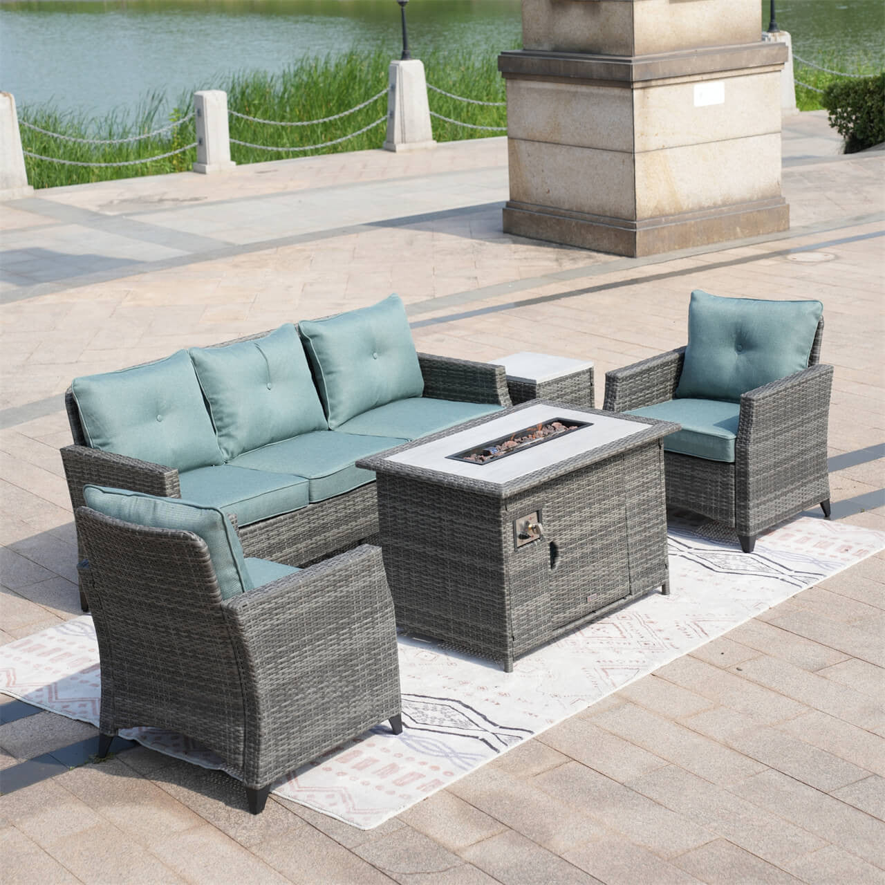 Direct Wicker 5-Piece Outdoor Patio Fire Pit Set Fire Pit Table with Seating Sofas in Gray