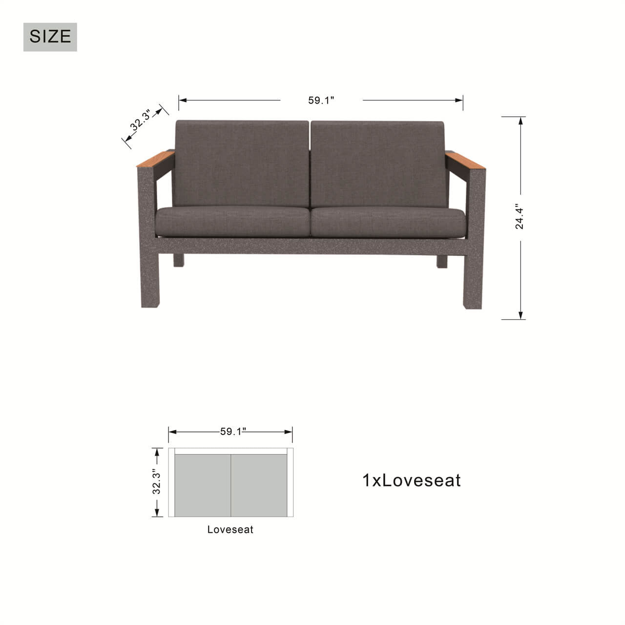 Direct Wicker 5-Piece Dark Gray Aluminum Conversational Seating Sofa Set with Teak Armrests