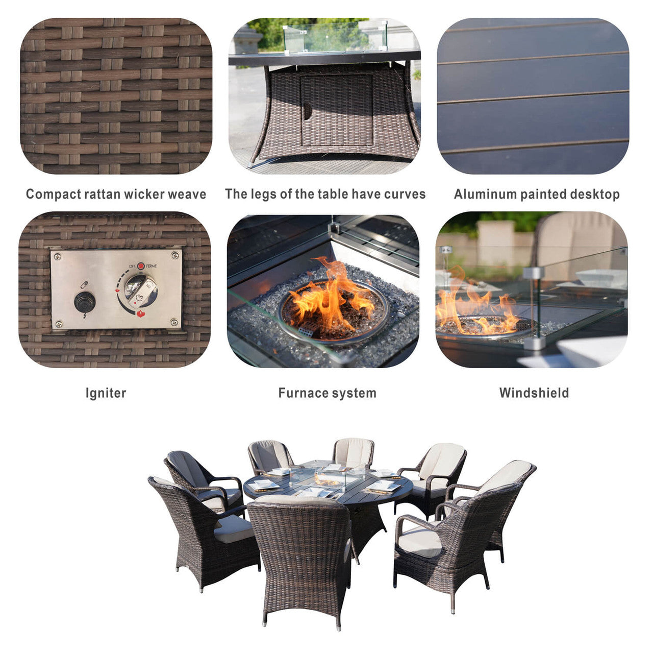 Direct Wicker's 8 Seats Round Fire Pit Set with Aluminium Tabletop & Rattan Chairs PAG-1108A