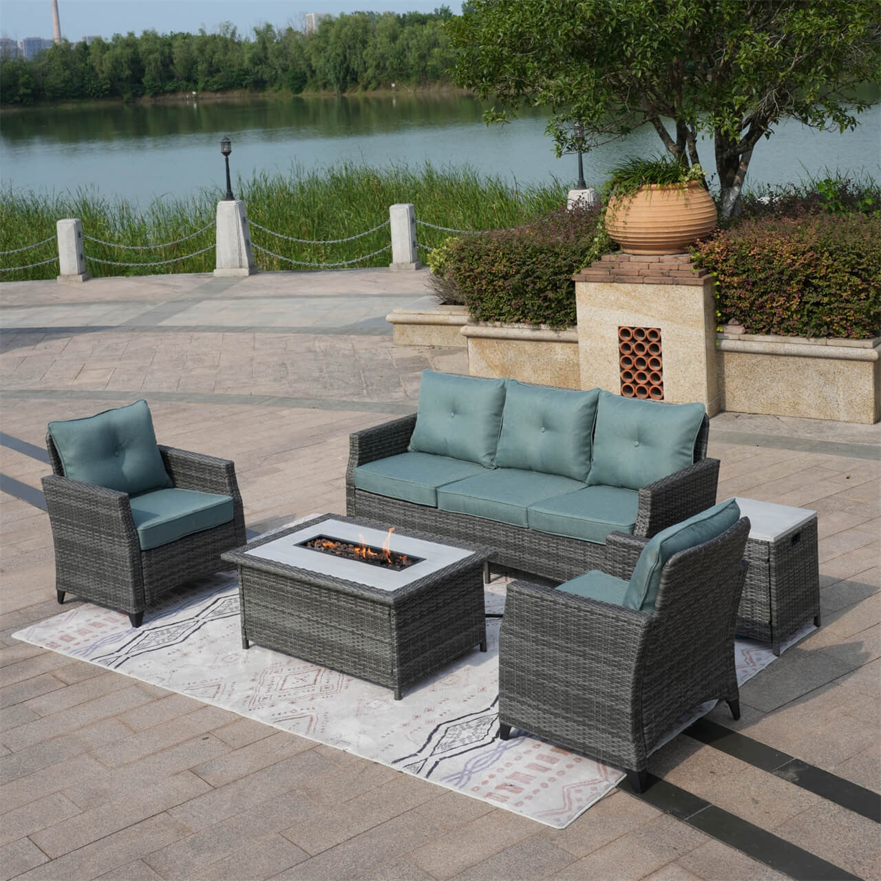 Direct Wicker 5-Piece Outdoor Patio Fire Pit Set Fire Pit Table with Seating Sofas in Gray