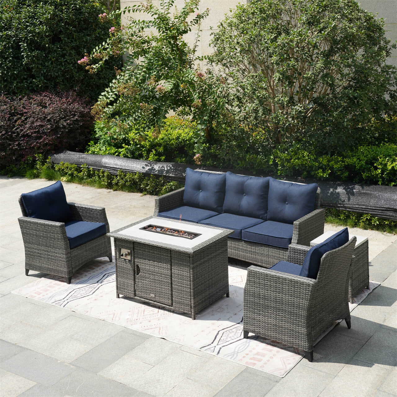 Direct Wicker 5-Piece Outdoor Patio Fire Pit Set Fire Pit Table with Seating Sofas in Gray