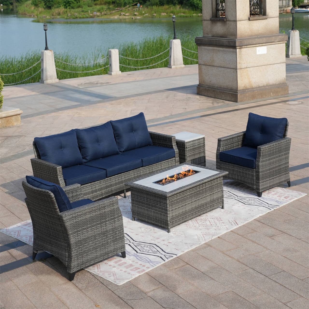 Direct Wicker 5-Piece Outdoor Patio Fire Pit Set Fire Pit Table with Seating Sofas in Gray