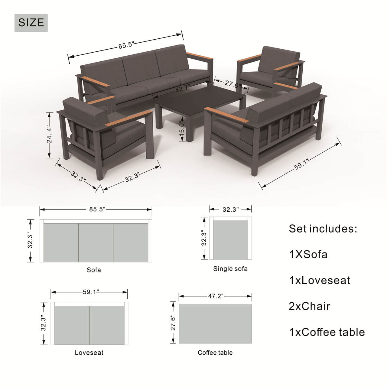 Direct Wicker 5-Piece Dark Gray Aluminum Conversational Seating Sofa Set with Teak Armrests