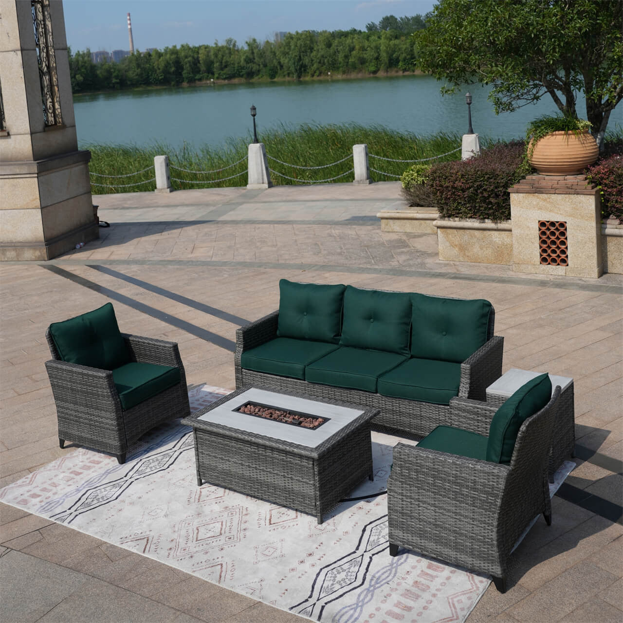 Direct Wicker 5-Piece Outdoor Patio Fire Pit Set Fire Pit Table with Seating Sofas in Gray