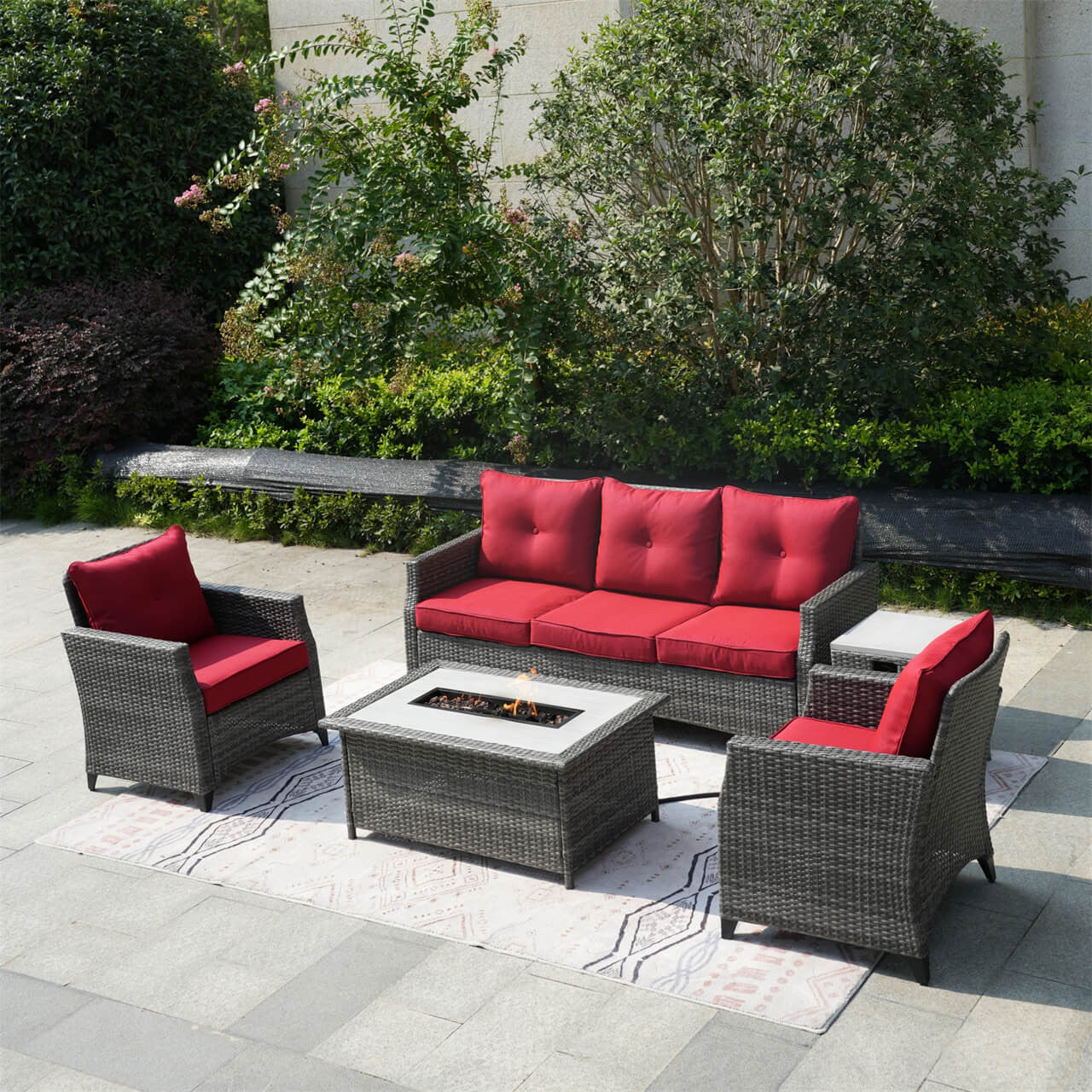 Direct Wicker 5-Piece Outdoor Patio Fire Pit Set Fire Pit Table with Seating Sofas in Gray