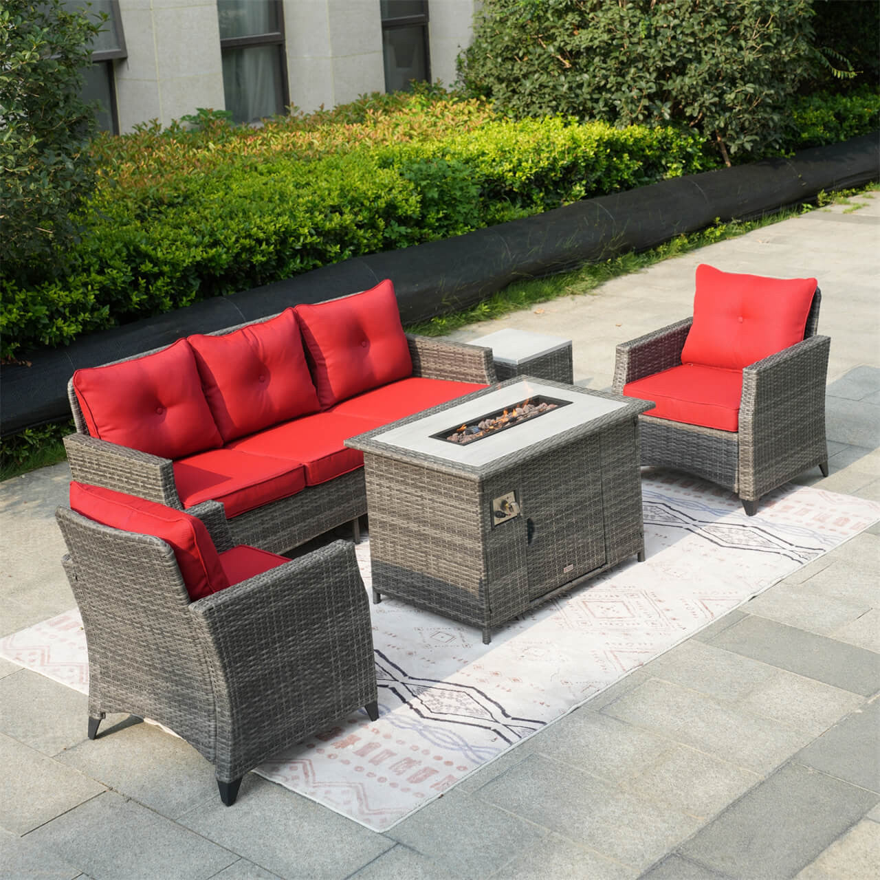 Direct Wicker 5-Piece Outdoor Patio Fire Pit Set Fire Pit Table with Seating Sofas in Gray