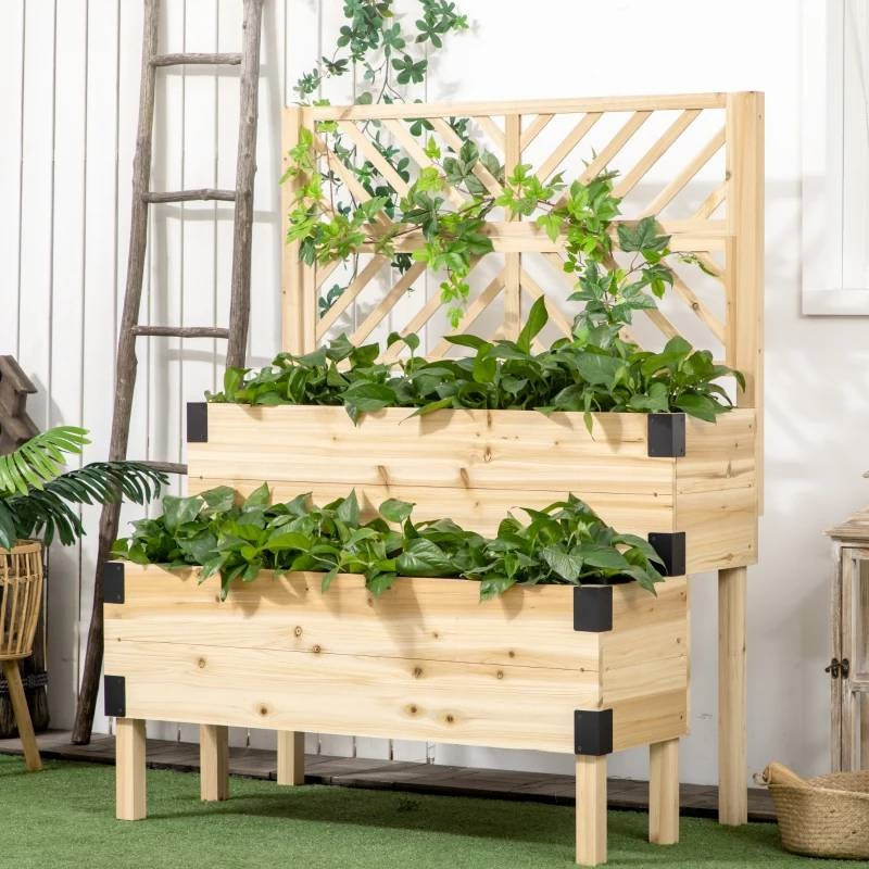 Fast Furnishings 2 Tier Self Draining Natural Wood Raised Garden Bed Planter Box with Trellis