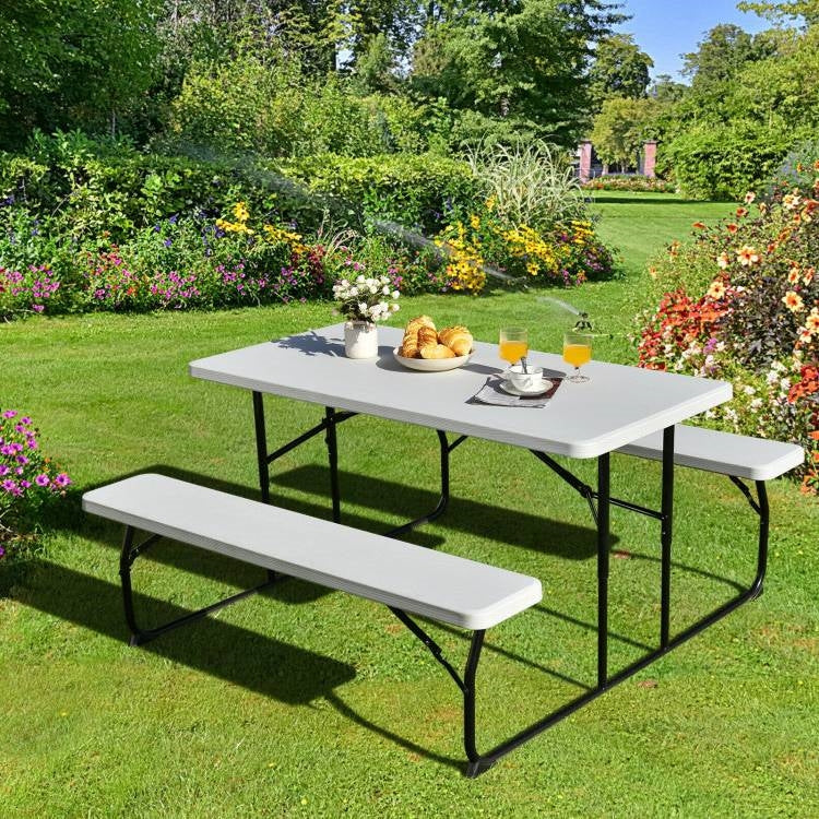 Fast Furnishings Folding White HDPE Picnic Table with 2 Benches Outdoor Patio Furniture Set