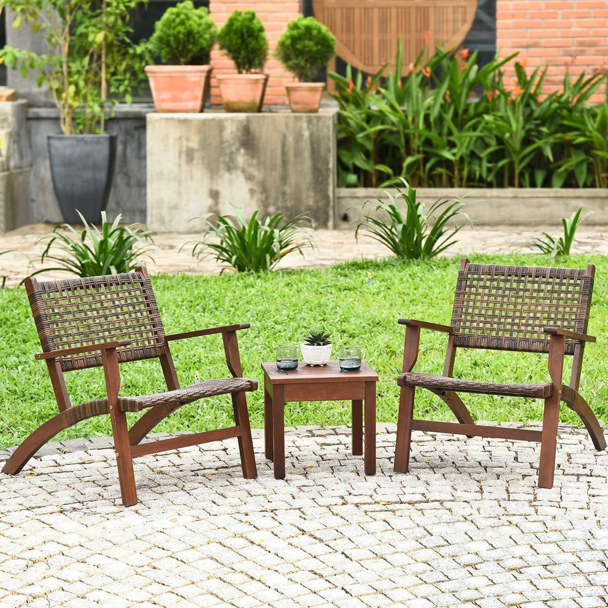 Fast Furnishings Solid Wood and Rattan 3-Piece Outdoor Patio Furniture Table Chairs Set