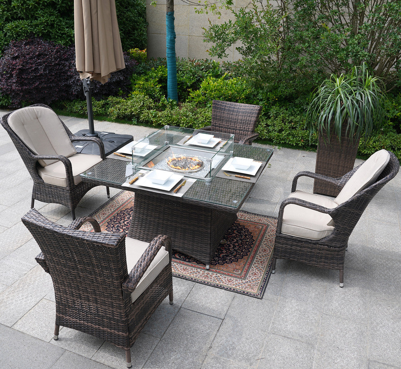 Direct Wicker Patio Wicker 4-Seat Square Gas Fire Pit Dining Set with Eton Chairs