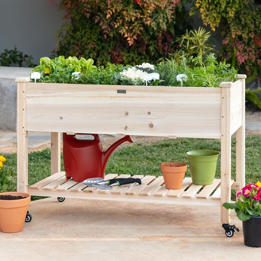 Fast Furnishings Solid Wood Locking Wheels Raised Mobile Garden Wood Planter Elevated Planter