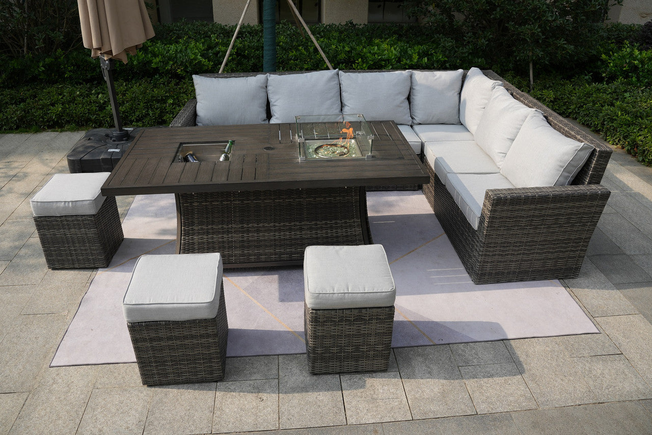 Direct Wicker Patio Gray Rattan Wicker Rectangular Firepit with Ice Table Set