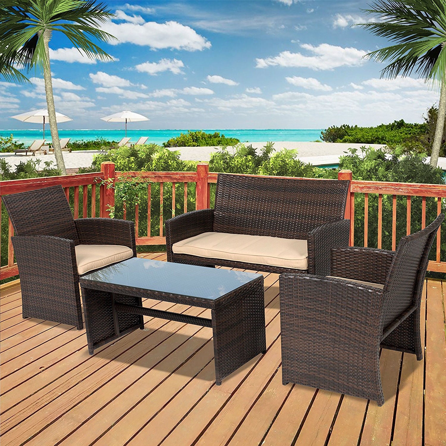 Fast Furnishings Brown Resin Wicker 4-Piece Modern Patio Furniture Set with Beige Cushions