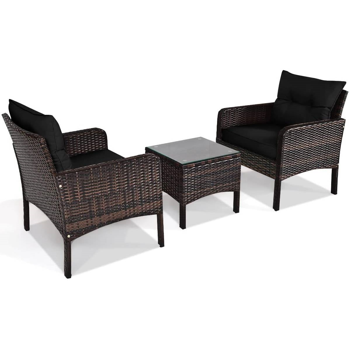 Fast Furnishings 3-Piece Brown PE Rattan Outdoor Dining Patio Furniture Set with Black Cushions