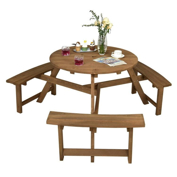 Fast Furnishings Outdoor Solid Wood Round Picnic Table Set with Umbrella Hole and 3 Benches