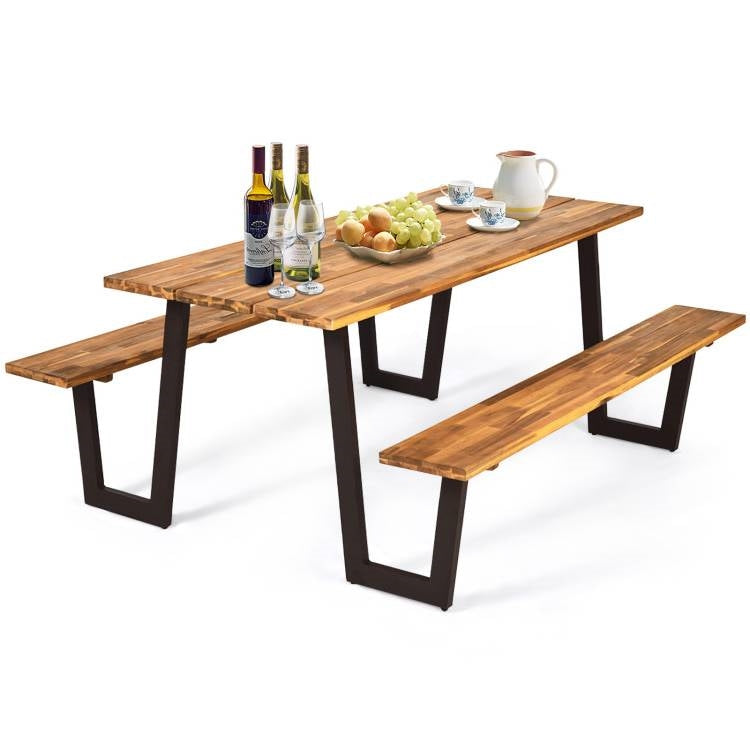 Fast Furnishings Modern Wooden Picnic Table with 2 Benches Outdoor Patio Dining Set