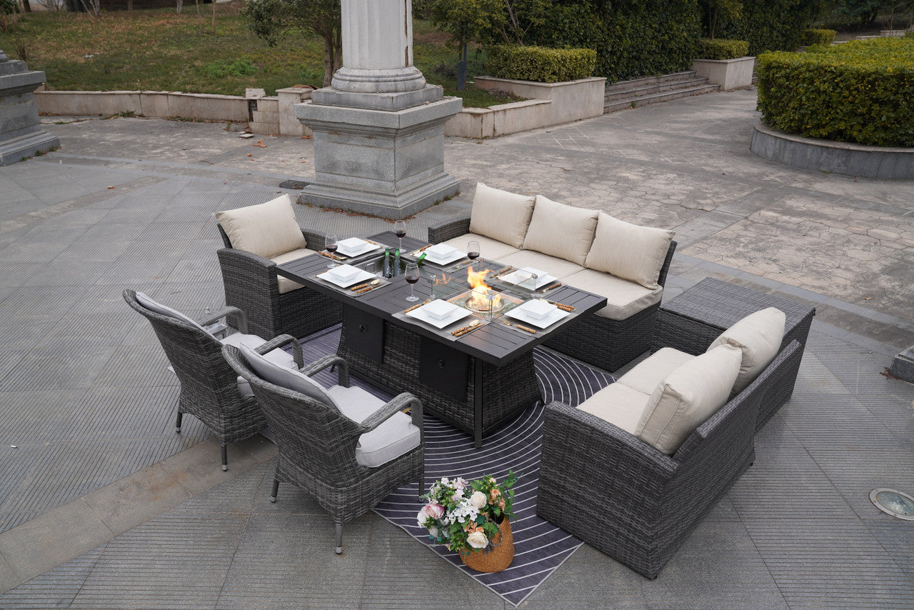 Direct Wicker 7-Piece Patio Gray Rattan Firepit Dining Table Set with Ice Bucket