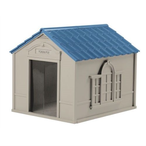 Fast Furnishings Outdoor Dog House in Taupe and Blue Roof Durable Resin - For Dogs up to 100 lbs