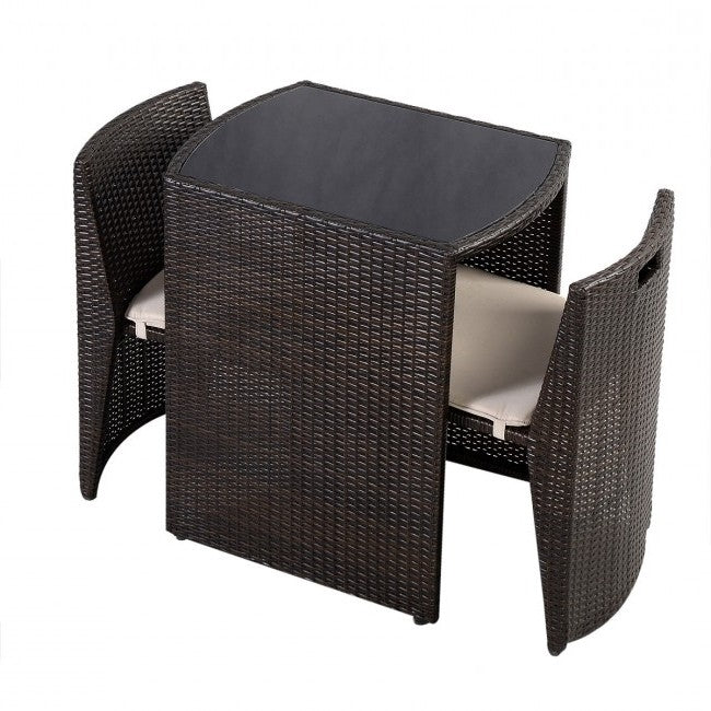 Fast Furnishings 3 Piece Compact Espresso/White Wicker Patio Cushioned Outdoor Chair Table Set