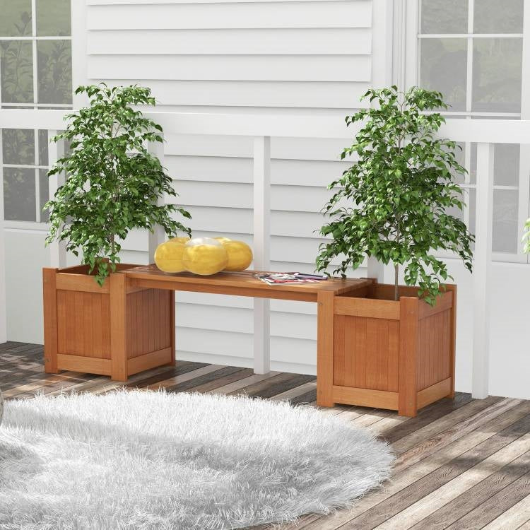 Fast Furnishings Farmhouse Durable Outdoor Wooden Planter Box with Garden Bench