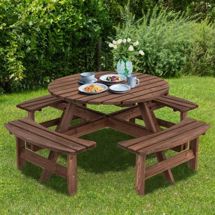 Fast Furnishings 8-Set Outdoor Solid Wood Round Picnic Table with 4 Benches Patio Garden Dining Set