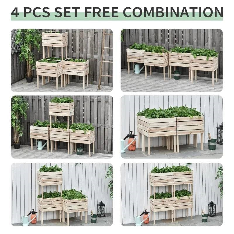 Fast Furnishings Farmhouse 4 Piece Wooden Elevated Raised Garden Bed Planter Box