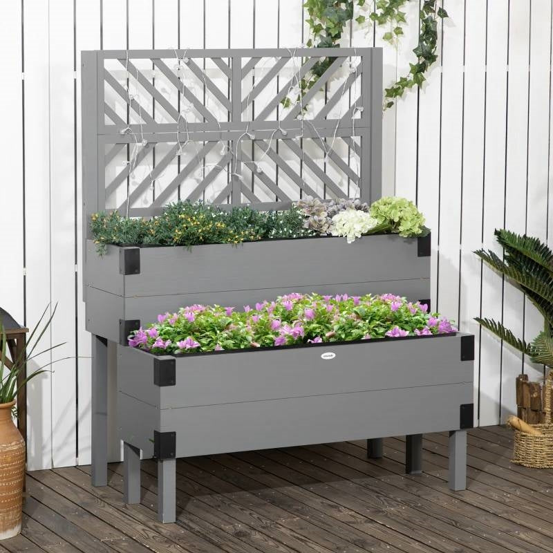 Fast Furnishings 2 Tier Self Draining Grey Wood Raised Garden Bed Planter Box with Trellis