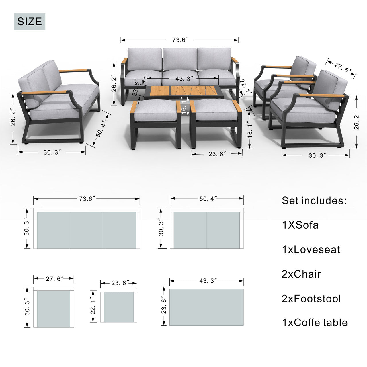 Direct Wicker Outdoor Black Iron Conversational Sofa Set with Gray Cushions and Drink Cooler